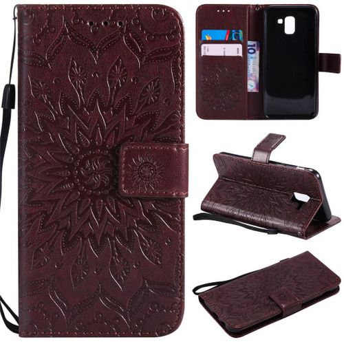 Samsung Galaxy J6 2018 Coque, Saturcase Fleur Du Soleil Pu Cuir Magnétique Flip Portefeuille Support Porte-Carte Protecteur Coque Housse Étui Avec Dragonne Pour Samsung Galaxy J6 2018 (Marron)