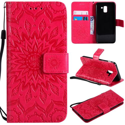 Samsung Galaxy J6 2018 Coque, Saturcase Fleur Du Soleil Pu Cuir Magnétique Flip Portefeuille Support Porte-Carte Protecteur Coque Housse Étui Avec Dragonne Pour Samsung Galaxy J6 2018 (Rouge)