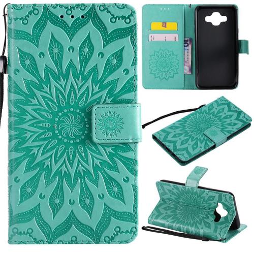 Samsung Galaxy J7 Duo Coque, Saturcase Fleur Du Soleil Pu Cuir Magnétique Flip Portefeuille Support Porte-Carte Protecteur Coque Housse Étui Avec Dragonne Pour Samsung Galaxy J7 Duo (Vert)