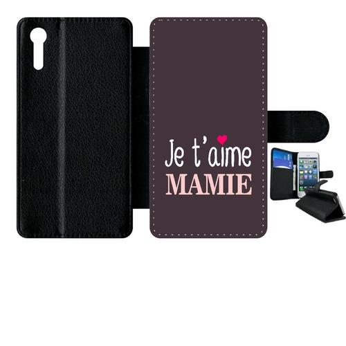 Etui À Rabat Xperia Xz - Je T Aime Mamie Fond Violine Coeur Rose - Simili-Cuir - Noir