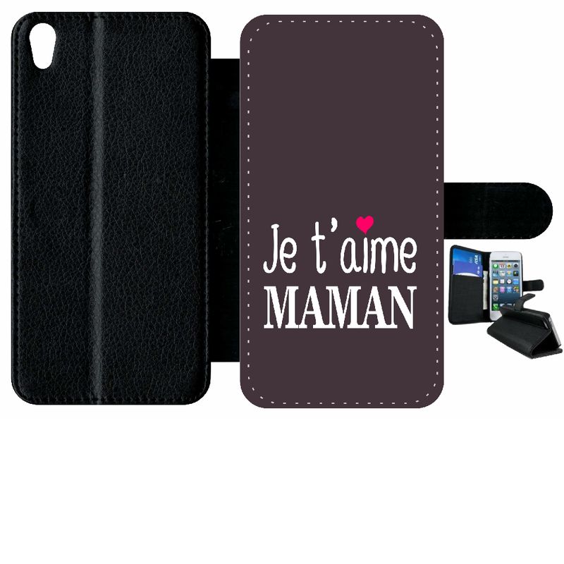 Etui À Rabat Xperia Xa - Je T Aime Maman Fond Violine Coeur Rose - Simili-Cuir - Noir