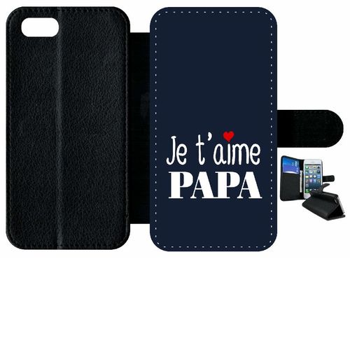 Etui A Rabat - Je T Aime Papa Fond Bleu - Compatible Avec Apple Iphone 8 - Simili-Cuir - Bord Noir