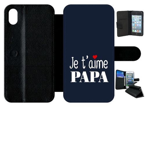 Etui A Rabat - Je T Aime Papa Fond Bleu - Compatible Avec Apple Iphone Xr - Simili-Cuir - Bord Noir