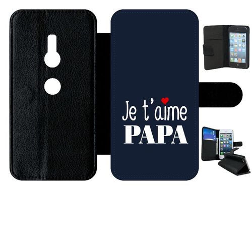 Etui A Rabat - Je T Aime Papa Fond Bleu - Compatible Avec Sony Xperia Xz2 - Simili-Cuir - Bord Noir