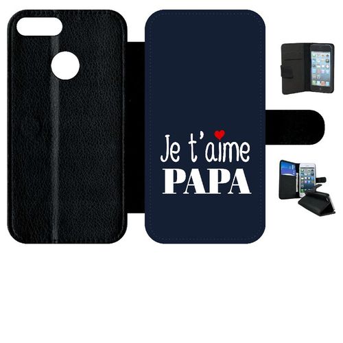 Etui A Rabat - Je T Aime Papa Fond Bleu - Compatible Avec Honor 9 Lite - Simili-Cuir - Bord Noir