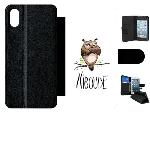 Etui A Rabat - Hiboude Fond Blanc - Compatible Avec Apple Iphone Xs Max - Simili-Cuir - Bord Noir