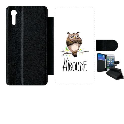 Etui À Rabat Xperia Xz - Hiboude Fond Blanc - Simili-Cuir - Noir