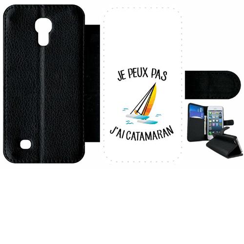 Etui À Rabat Samsung I9190 Galaxy S4 Mini - Je Peux Pas J Ai Catamaran Bateau Fond Blanc - Simili-Cuir - Noir