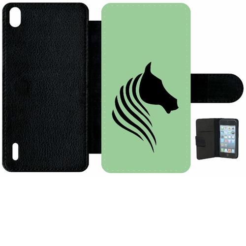 Etui A Rabat - Cheval Fond Vert - Compatible Avec Huawei Ascend P7 - Simili-Cuir - Bord Noir