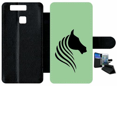 Etui A Rabat - Cheval Fond Vert - Compatible Avec Huawei Ascend P9 - Simili-Cuir - Bord Noir