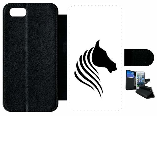 Etui A Rabat - Cheval Fond Blanc - Compatible Avec Apple Iphone 7 - Simili-Cuir - Bord Noir