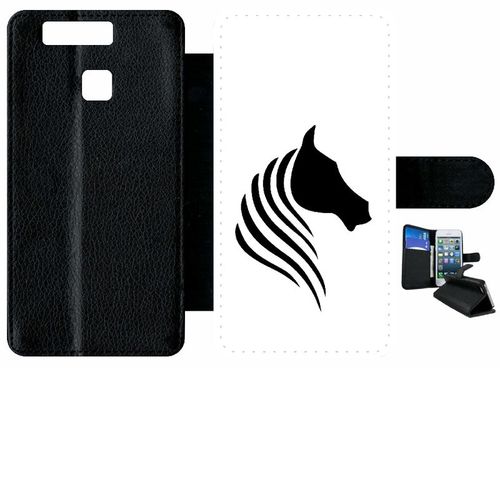Etui A Rabat - Cheval Fond Blanc - Compatible Avec Huawei Ascend P9 - Plastique - Bord Noir