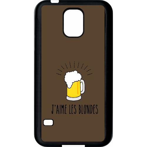 Coque Pour Smartphone - J Aime Les Blondes Biere Fond Brun - Compatible Avec Samsung Galaxy S5 - Plastique - Bord Noir