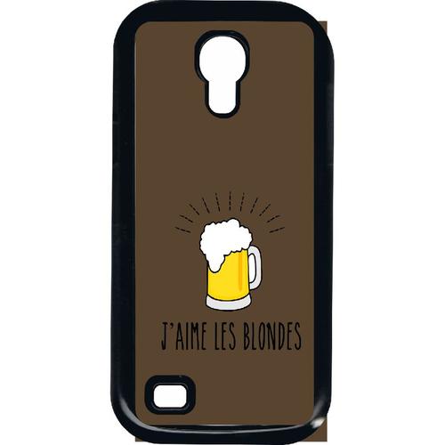 Coque Pour Smartphone - J Aime Les Blondes Biere Fond Brun - Compatible Avec Samsung I9190 Galaxy S4 Mini - Plastique - Bord Noir