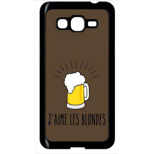 Coque Pour Smartphone - J Aime Les Blondes Biere Fond Brun - Compatible Avec Samsung Galaxy Grand Prime - Plastique - Bord Noir