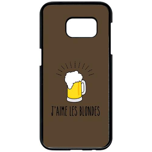 Coque Pour Smartphone - J Aime Les Blondes Biere Fond Brun - Compatible Avec Samsung Galaxy S7 - Plastique - Bord Noir