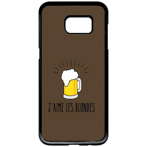 Coque Pour Smartphone - J Aime Les Blondes Biere Fond Brun - Compatible Avec Samsung Galaxy S7 Edge - Plastique - Bord Noir