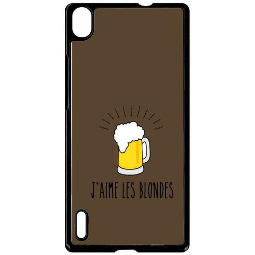 Coque Pour Smartphone - J Aime Les Blondes Biere Fond Brun - Compatible Avec Huawei Ascend P7 - Plastique - Bord Noir