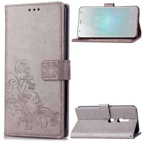 Sony Xperia Xz2 Coque, Saturcase Lucky Clover Pu Cuir Magnétique Flip Portefeuille Support Porte-Carte Protecteur Cover Case Avec Dragonne Coque Housse Étui Pour Sony Xperia Xz2 (Gris)