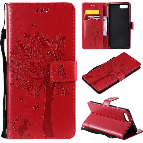 Huawei Honor View 10 Coque, Saturcase Arbre À Chat Pu Cuir Magnétique Flip Portefeuille Support Porte-Carte Protecteur Coque Housse Étui Avec Dragonne Pour Huawei Honor View 10 / Honor V10 (Rouge)