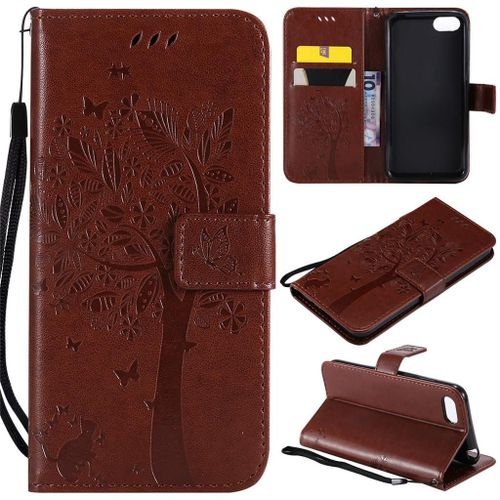 Huawei Y5 Prime 2018 / Y5 2018 Coque, Saturcase Arbre À Chat Pu Cuir Magnétique Flip Portefeuille Support Porte-Carte Protecteur Coque Housse Étui Avec Dragonne Pour Huawei Y5 Prime 2018 / Y5 2018 (Marron)