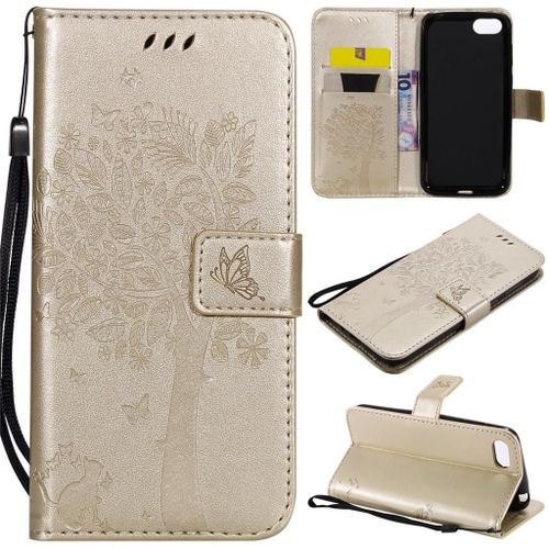 Huawei Y5 Prime 2018 / Y5 2018 Coque, Saturcase Arbre À Chat Pu Cuir Magnétique Flip Portefeuille Support Porte-Carte Protecteur Coque Housse Étui Avec Dragonne Pour Huawei Y5 Prime 2018 / Y5 2018 (Or)