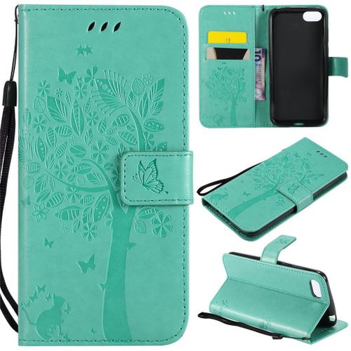 Huawei Y5 Prime 2018 / Y5 2018 Coque, Saturcase Arbre À Chat Pu Cuir Magnétique Flip Portefeuille Support Porte-Carte Protecteur Coque Housse Étui Avec Dragonne Pour Huawei Y5 Prime 2018 / Y5 2018 (Vert)