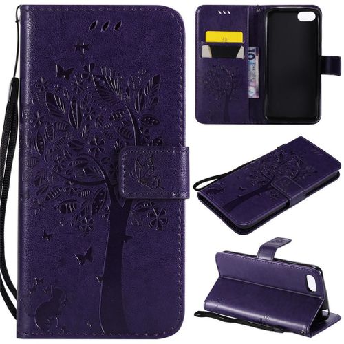 Huawei Y5 Prime 2018 / Y5 2018 Coque, Saturcase Arbre À Chat Pu Cuir Magnétique Flip Portefeuille Support Porte-Carte Protecteur Coque Housse Étui Avec Dragonne Pour Huawei Y5 Prime 2018 / Y5 2018 (Violet)