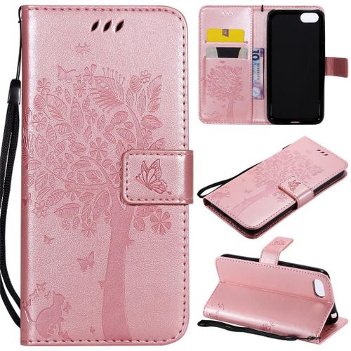 Huawei Y5 Prime 2018 / Y5 2018 Coque, Saturcase Arbre À Chat Pu Cuir Magnétique Flip Portefeuille Support Porte-Carte Protecteur Coque Housse Étui Avec Dragonne Pour Huawei Y5 Prime 2018 / Y5 2018 (Or Rose)