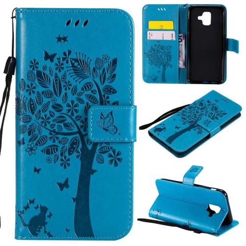 Samsung Galaxy A6 2018 Coque, Saturcase Arbre À Chat Pu Cuir Magnétique Flip Portefeuille Support Porte-Carte Protecteur Coque Housse Étui Avec Dragonne Pour Samsung Galaxy A6 2018 (Bleu)