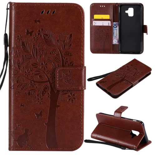 Samsung Galaxy A6 2018 Coque, Saturcase Arbre À Chat Pu Cuir Magnétique Flip Portefeuille Support Porte-Carte Protecteur Coque Housse Étui Avec Dragonne Pour Samsung Galaxy A6 2018 (Marron)