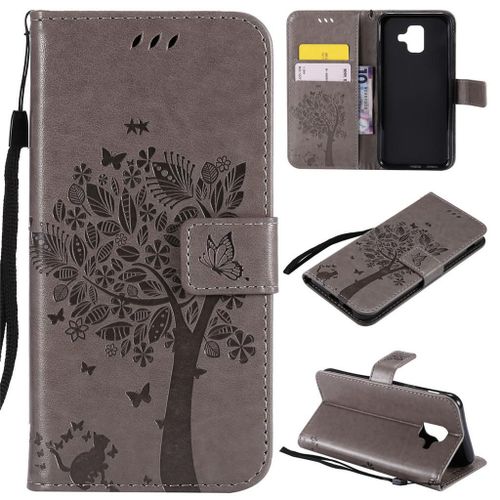 Samsung Galaxy A6 2018 Coque, Saturcase Arbre À Chat Pu Cuir Magnétique Flip Portefeuille Support Porte-Carte Protecteur Coque Housse Étui Avec Dragonne Pour Samsung Galaxy A6 2018 (Gris)