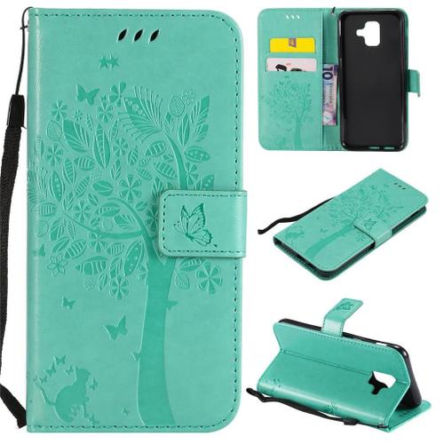 Samsung Galaxy A6 2018 Coque, Saturcase Arbre À Chat Pu Cuir Magnétique Flip Portefeuille Support Porte-Carte Protecteur Coque Housse Étui Avec Dragonne Pour Samsung Galaxy A6 2018 (Vert)