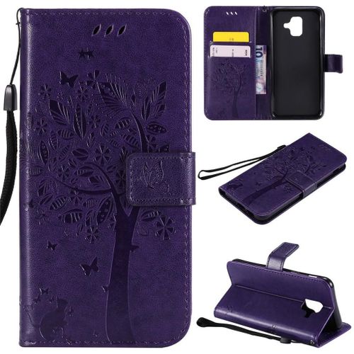 Samsung Galaxy A6 2018 Coque, Saturcase Arbre À Chat Pu Cuir Magnétique Flip Portefeuille Support Porte-Carte Protecteur Coque Housse Étui Avec Dragonne Pour Samsung Galaxy A6 2018 (Violet)