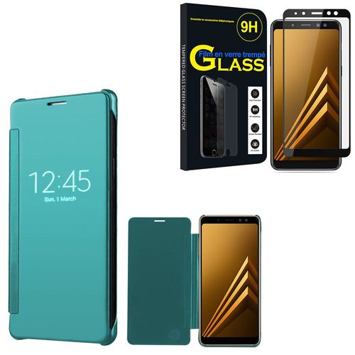 Coque Silicone Pour Samsung Galaxy A8 (2018) A530f 5.6" Gel Rigide Livre Rabattable - Bleu + 1 Film Verre Trempé - Noir