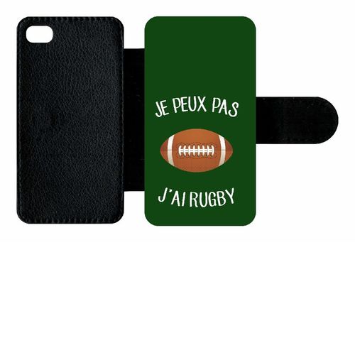 Etui A Rabat - Je Peux Pas J Ai Rugby Ballon Fond Vert - Compatible Avec Apple Iphone 4s - Simili-Cuir - Bord Noir