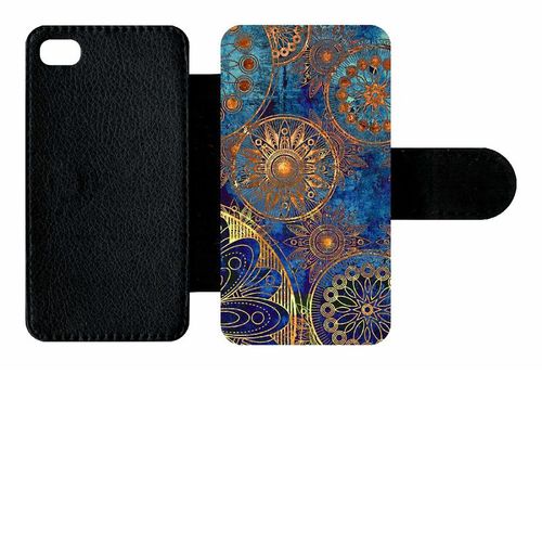 Etui A Rabat - Ornements Or Et Bleu Nuit - Compatible Avec Apple Iphone 4s - Simili-Cuir - Bord Noir