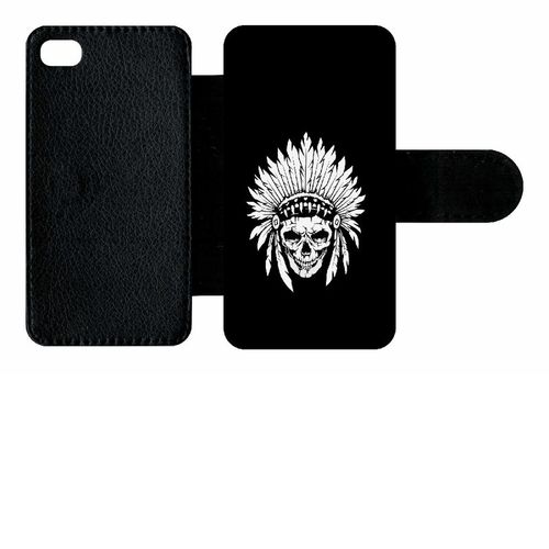 Etui A Rabat - Tete De Mort Coiffe Indienne Noir Et Blanc - Compatible Avec Apple Iphone 4s - Simili-Cuir - Bord Noir