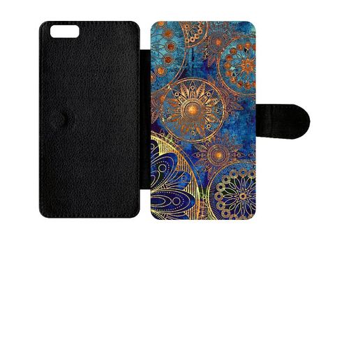 Etui A Rabat - Ornements Or Et Bleu Nuit - Compatible Avec Apple Iphone 6+ - Simili-Cuir - Bord Noir
