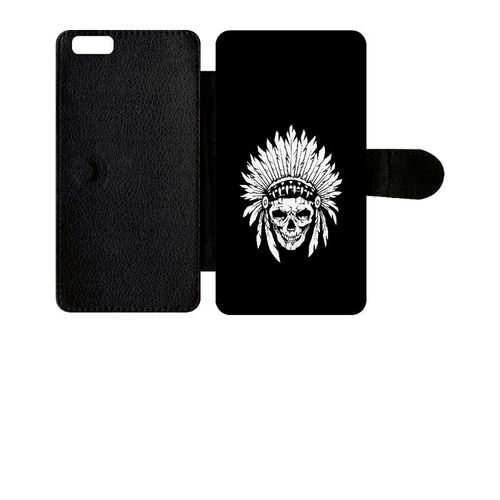 Etui A Rabat - Tete De Mort Coiffe Indienne Noir Et Blanc - Compatible Avec Apple Iphone 6+ - Simili-Cuir - Bord Noir