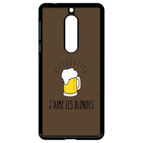 Coque Pour Smartphone - J Aime Les Blondes Biere Fond Brun - Compatible Avec Nokia 5 - Plastique - Bord Noir