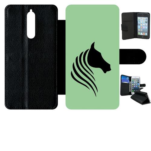 Etui A Rabat - Cheval Fond Vert - Compatible Avec Nokia 8 - Plastique - Bord Noir