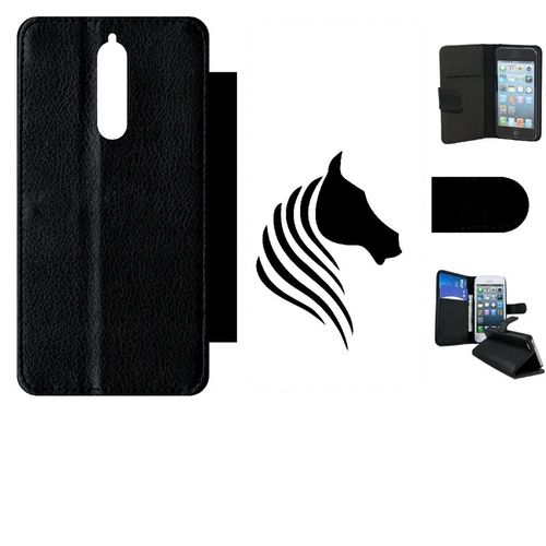 Etui A Rabat - Cheval Fond Blanc - Compatible Avec Nokia 8 - Simili-Cuir - Bord Noir