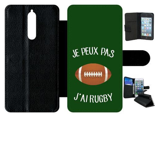 Etui A Rabat - Je Peux Pas J Ai Rugby Ballon Fond Vert - Compatible Avec Nokia 8 - Simili-Cuir - Bord Noir