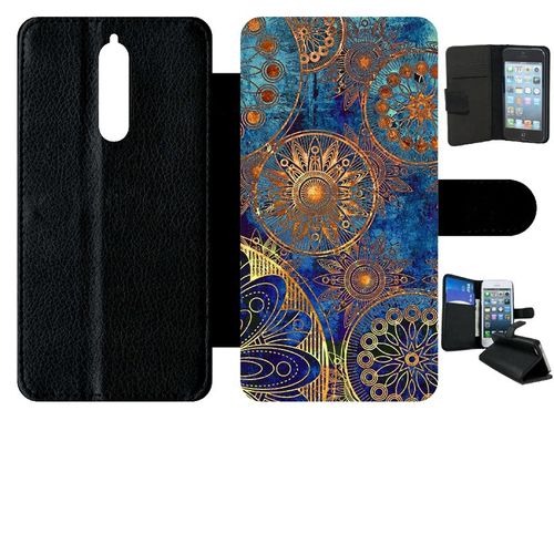 Etui A Rabat - Ornements Or Et Bleu Nuit - Compatible Avec Nokia 8 - Simili-Cuir - Bord Noir