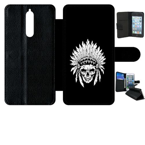 Etui A Rabat - Tete De Mort Coiffe Indienne Noir Et Blanc - Compatible Avec Nokia 8 - Plastique - Bord Noir