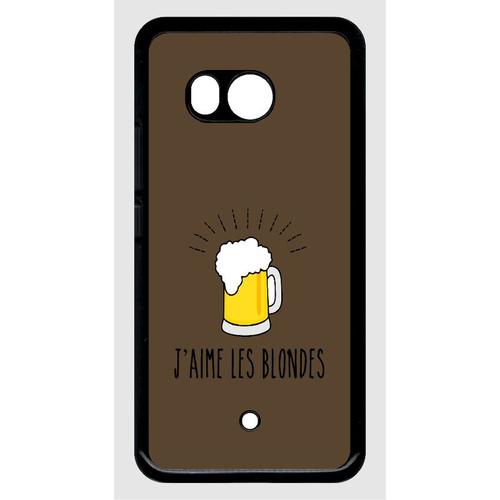Coque Pour Smartphone - J Aime Les Blondes Biere Fond Brun - Compatible Avec Htc U11 - Plastique - Bord Noir