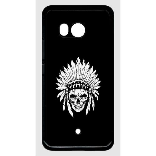 Coque Pour Smartphone - Tete De Mort Coiffe Indienne Noir Et Blanc - Compatible Avec Htc U11 - Plastique - Bord Noir