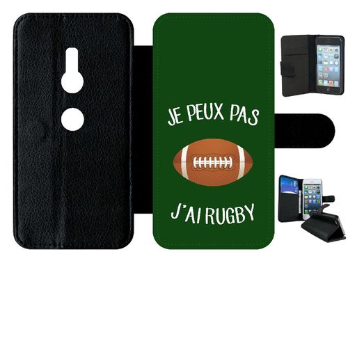 Etui A Rabat - Je Peux Pas J Ai Rugby Ballon Fond Vert - Compatible Avec Sony Xperia Xz2 - Simili-Cuir - Bord Noir