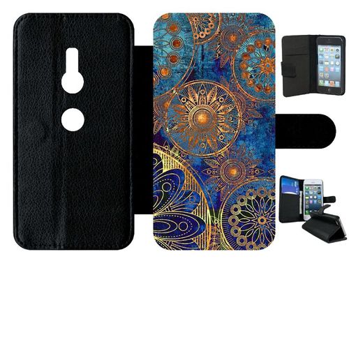 Etui A Rabat - Ornements Or Et Bleu Nuit - Compatible Avec Sony Xperia Xz2 - Simili-Cuir - Bord Noir